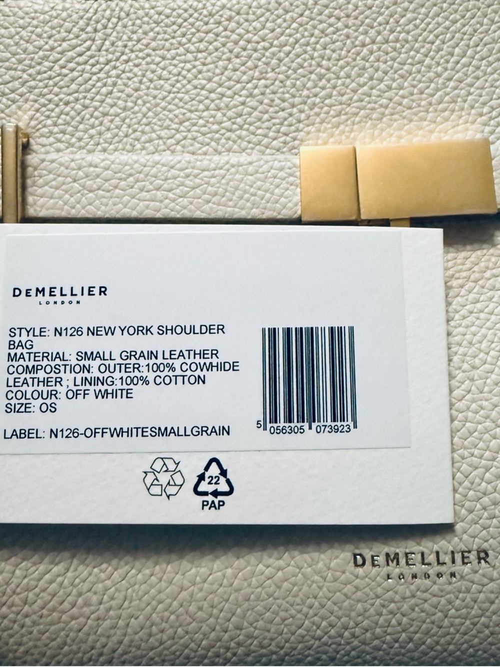 DeMellier London The New York Shoulder Bag Chalk White Grained Leather Gold NWT - Picture 15 of 15